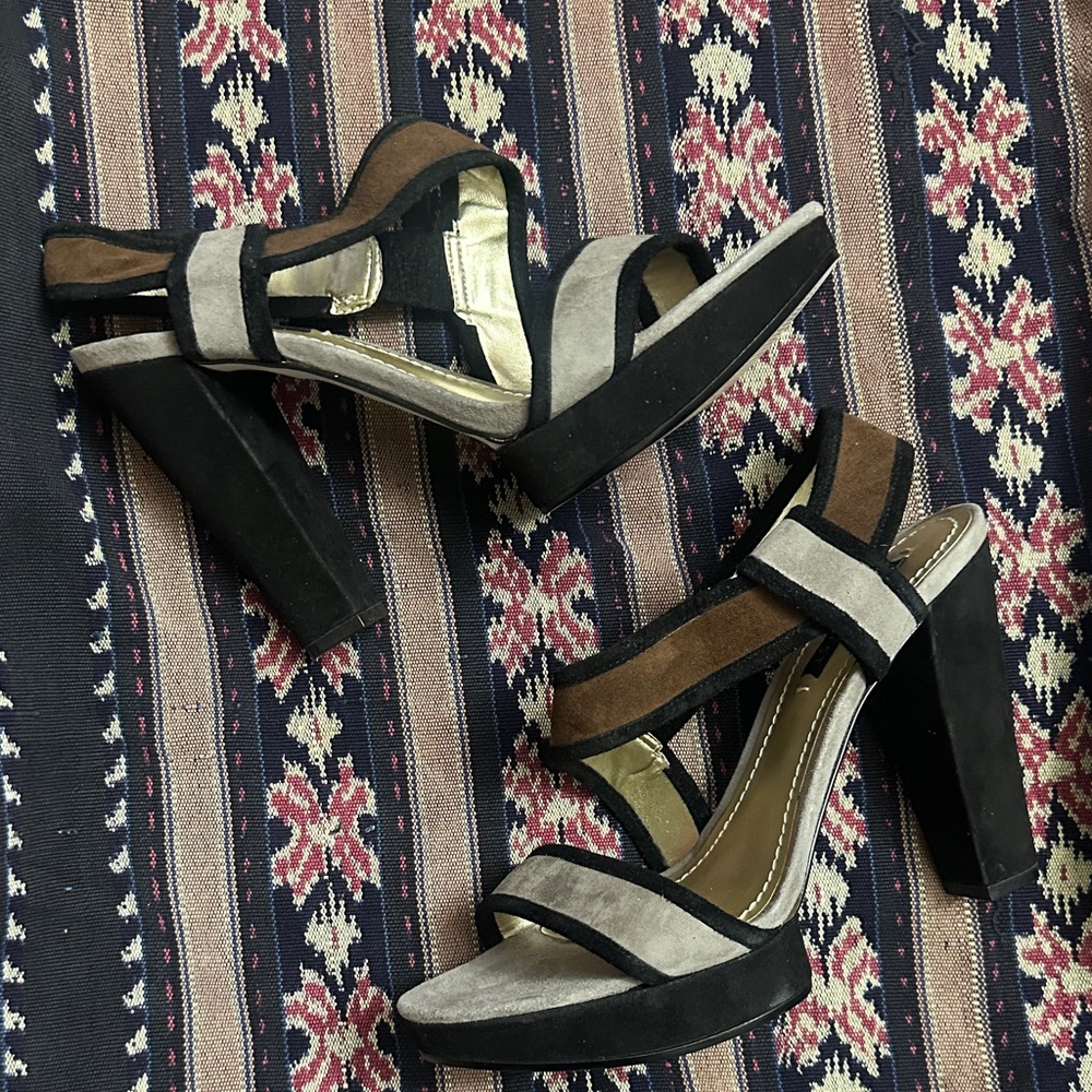 Nine West Colorblock Suede Leather Block Heel Sandals - Black, Gray & Brown
